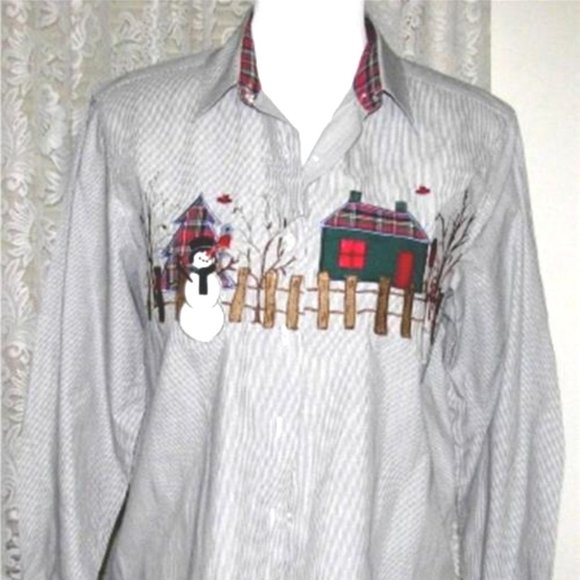 WINTER APPLIQUE'S on GREY STRIPE SHIRT Size Medium - Picture 1 of 2